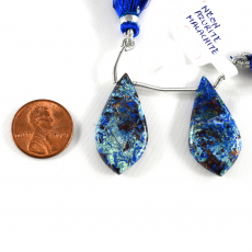 Neon Azurite Malachite Drops Leaf Shape 32x16mm Drilled Beads Matching Pair
