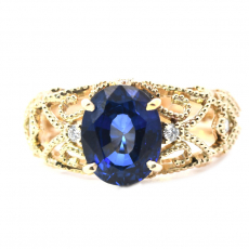 Nigerian Blue Sapphire Oval 3.58 Carat Filigree Ring with Diamond Accent in 14K Yellow Gold