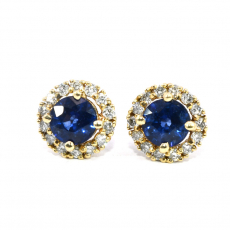 Nigerian Blue Sapphire Round 1.12 Carat Stud Earrings In 14K Yellow Gold Accented With Diamonds