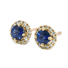 Nigerian Blue Sapphire Round 1.12 Carat Stud Earrings In 14K Yellow Gold Accented With Diamonds