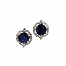 Nigerian Blue Sapphire Round 1.98 Carat Earrings in 14K White Gold with Accent Diamonds