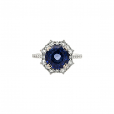 Nigerian Blue Sapphire Round 4.08 Carat Ring in 14K White Gold with Accent Diamonds
