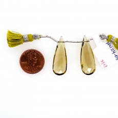 Olive Quartz Almond Shape 30x11mm Drilled Beads Matching Pair