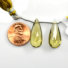 Olive Quartz Drops Almond Shape 23x10mm Drilled Beads Matching Pair