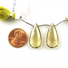 Olive Quartz Drops Almond Shape 24x12mm Drilled Beads Matching Pair