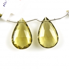 Olive Quartz Drops Almond Shape 24x15mm Drilled Beads Matching Pair