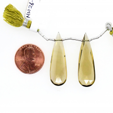 Olive Quartz Drops Almond Shape 34x10mm Drilled Beads Matching Pair