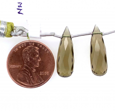 Olive Quartz Drops Briolette Shape  26x7mm Drilled Beads Matching Pair