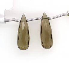 Olive Quartz Drops Briolette Shape  26x7mm Drilled Beads Matching Pair
