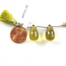 Olive Quartz Drops Briolette Shape 19x10mm Drilled Beads Matching Pair