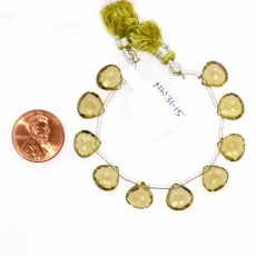 Olive Quartz Drops Heart Shape 10x10mm Drilled Bead 10 Pieces Line
