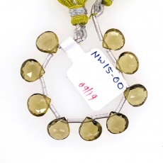 Olive Quartz Drops Heart Shape 8x8mm Drilled Beads 9 Pieces