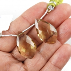 Olive Quartz Drops Leaf Shape 25x15mm Drilled Beads Matching Pair