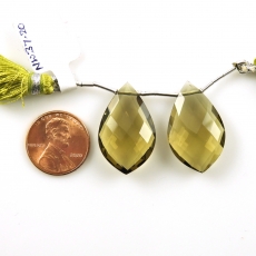 Olive Quartz Drops Leaf Shape 26x16mm Drilled Beads Matching Pair