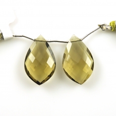 Olive Quartz Drops Leaf Shape 26x16mm Drilled Beads Matching Pair