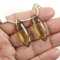 Olive Quartz Drops Marquise Shape 31x12mm Drilled Beads Matching Pair
