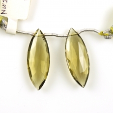 Olive Quartz Drops Marquise Shape 31x12mm Drilled Beads Matching Pair