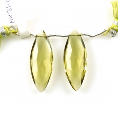 Olive Quartz Drops Marquise Shape 34x12mm Drilled Beads Matching Pair