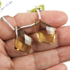 Olive Quartz Drops Shield Shape 24x16mm Drilled Beads Matching Pair
