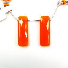 Orange Chalcedony Drops Baguette Shape 32X11mmDrilled Beads Matching Pair