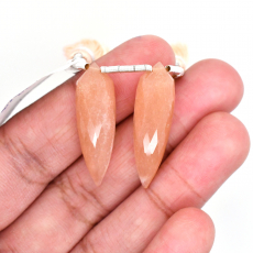 Peach Moonstone Drops Briolette Shape 29x9mm Drilled Beads Matching Pair