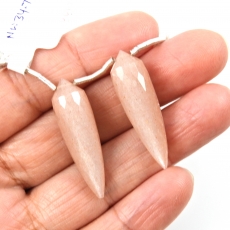 Peach Moonstone Drops Briolette Shape 32x9mm Drilled Beads Matching Pair