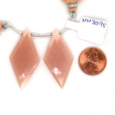 Peach Moonstone Drops Diamond Shape 42x20mm Drilled Bead Matching Pair