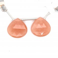 Peach Moonstone Drops Heart Shape 17x17mm Drilled Bead Matching Pair