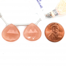 Peach Moonstone Drops Heart Shape 17x17mm Drilled Bead Matching Pair