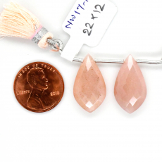 Peach Moonstone Drops Leaf Shape 22x12mm Drilled Beads Matching Pair