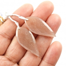 Peach Moonstone Drops Leaf Shape 33x14mm Front To Back Drilled Beads Matching Pair