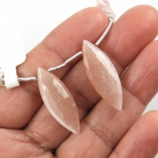 Peach Moonstone Drops Marquise Shape 29x10mm Drilled Beads Matching Pair