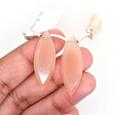 Peach Moonstone Drops Marquise Shape 32x11mm Drilled Beads Matching Pair