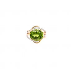 Peridot Oval 7.22 Carat Ring With Accented Diamond In 14K Dual Tone (Yellow And White) Gold