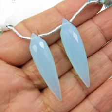 Peruvian Blue Chalcedony Drops Briolette Shape 35x9mm Drilled Beads Matching Pair