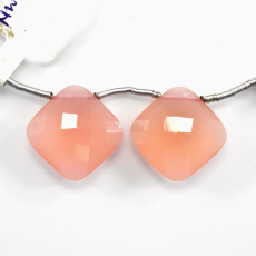 Pink Chalcedoney Drops Cushion Shape 16mm Drilled Beads Matching Pair