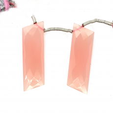 Pink Chalcedony Drops Baguette Shape 32x10mm Drilled Beads Matching Pair
