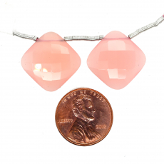 Pink Chalcedony Drops Cushion Shape 16x16mm Drilled Beads Matching Pair