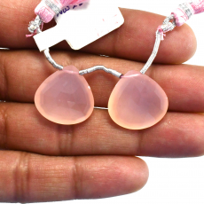Pink Chalcedony Drops Heart Shape 18x18mm Drilled Beads Matching Pair