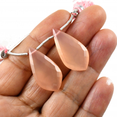 Pink Chalcedony Drops Leaf Shape 28x14mm Drilled Beads Matching Pair