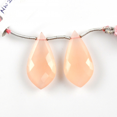 Pink Chalcedony Drops Leaf Shape 28x14mm Drilled Beads Matching Pair