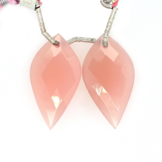 Pink Chalcedony Drops Leaf Shape 29x16mm Front to Back Drilled Beads Matching Pair