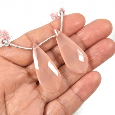 Pink Chalcedony Drops Leaf Shape 36x15mm Drilled Beads Matching Pair