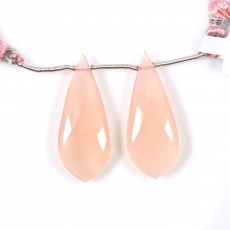 Pink Chalcedony Drops Leaf Shape 36x15mm Drilled Beads Matching Pair