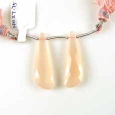 Pink Chalcedony Drops Wing Shape 33x11mm Drilled Beads Matching Pair