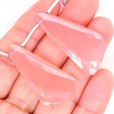 Pink Chalcedony Drops Wing Shape 40x18mm Drilled Beads Matching Pair