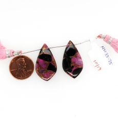 Pink Copper Obsidian Leaf Shape 28x16mm Drilled Beads Matching Pair