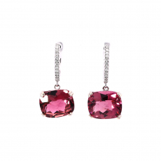 Pink Tourmaline Emerald Cushion Shape Total Weight 10.84 Carat Dangle Earring With Diamond Accents In 14k White Gold (ER3401)
