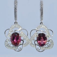 Pink Tourmaline Oval 3.54 Carat Danglers Earrings In 14K White Gold Accented With Diamonds