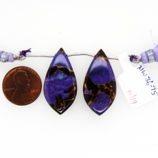 Purple Copper With Black Obsidian Leaf Shape 32x16mm Drilled Beads Matching Pair